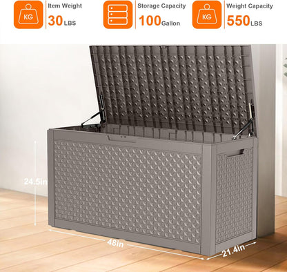 100 Gallon Resin Deck Box, Lockable Outdoor Storage Box for Patio Cushions Storage Furniture,Garden Tools, Pool Supplies, Weatherproof and UV Resistant (Grey L)