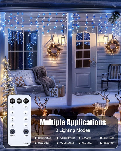 Brightown Icicle Lights Outdoor, 20Ft Christmas Lights with 30 Drops, 1125 LED Firecracker Icicle Christmas Light Outdoor with Timer for House Eaves Wedding, Blue and White