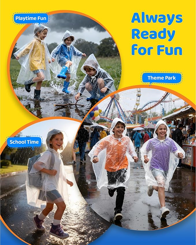 Hitituto Rain Ponchos Family Pack Kids– 6/12/24 Pack Disposable Poncho with Hood, Clear & Assorted Colors, Home Survival Kits