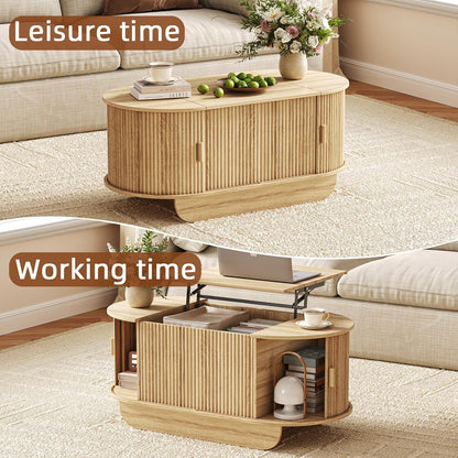 Lift Top Coffee Table with Storage,Oval Wood Coffee Table with Sliding Doors & Hidden Compartment, Fluted Center Table for Home,Living Room,Office, Natural