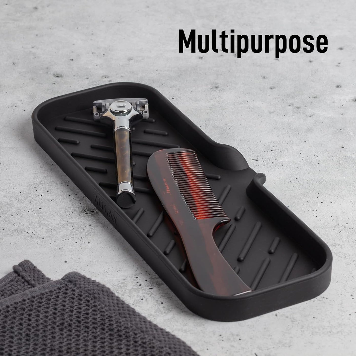 Zulay Kitchen Large Silicone Sponge Holder (12x4) – Flexible Sink Organizer Tray for Kitchen & Bathroom – Multipurpose Soap Dish for Sponges, Makeup, Trinkets & More (Black)