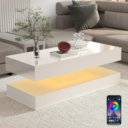 Uspeedy 47.3IN High Glossy LED Coffee Table,APP LED Lights,Black/White, Modern Furniture for Living Room (White)