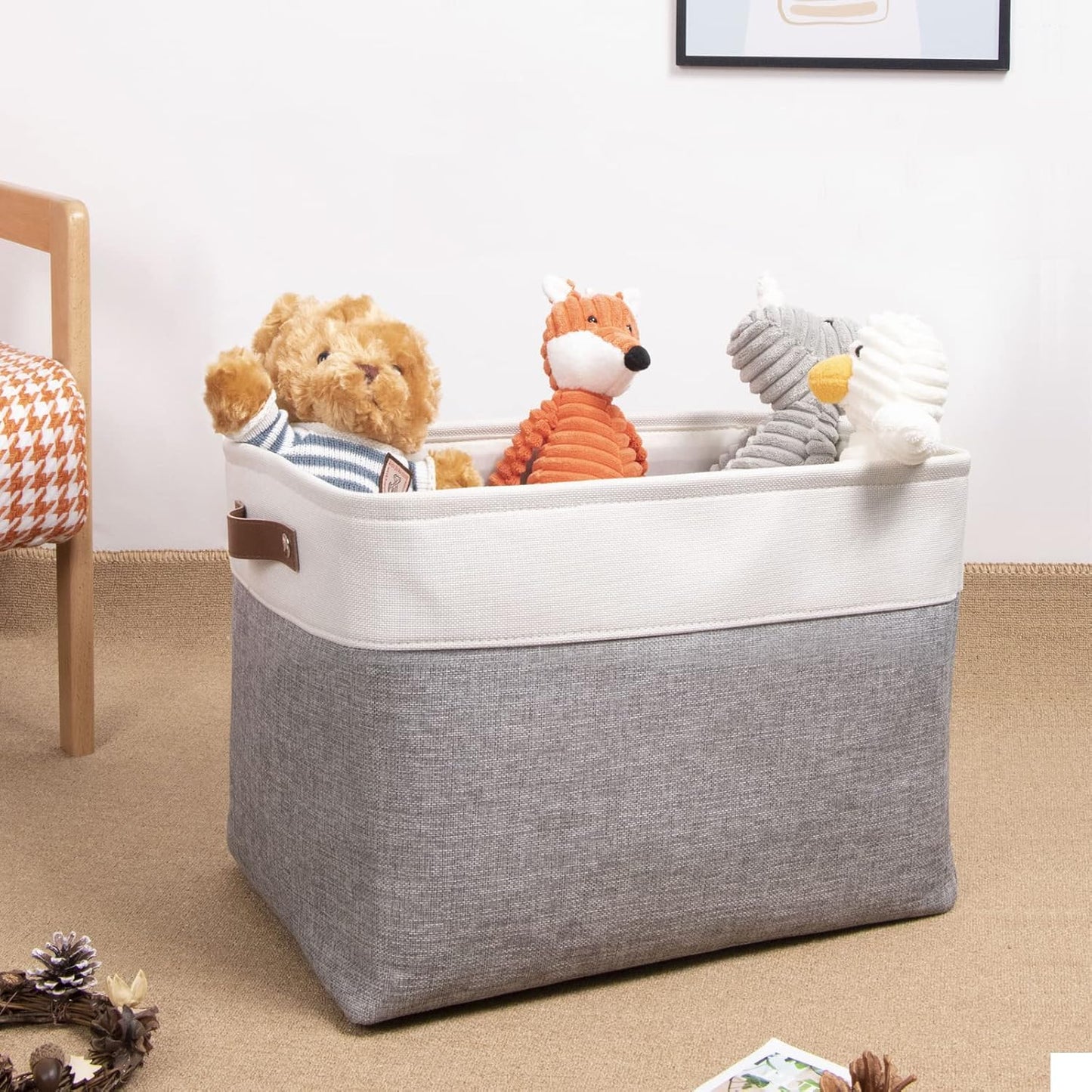 DULLEMELO Storage Baskets Large 16"x12"x12" Tall Rectangular Baskets Fabric Storage Bins for Organizing [1 Pack] Collapsible Linen Shelf Baskets for Clothes, Toys, Closet, Laundry (White&Grey)