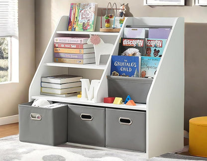 Wood Kids Bookshelf, Toy Organizer with Bookshelf, Montessori Toy Shelf W/Sling Rack & Fabric Toy Bins, Toy Storage Organizer for Toddler Children, Wooden Book Shelf for Kids Room Playroom