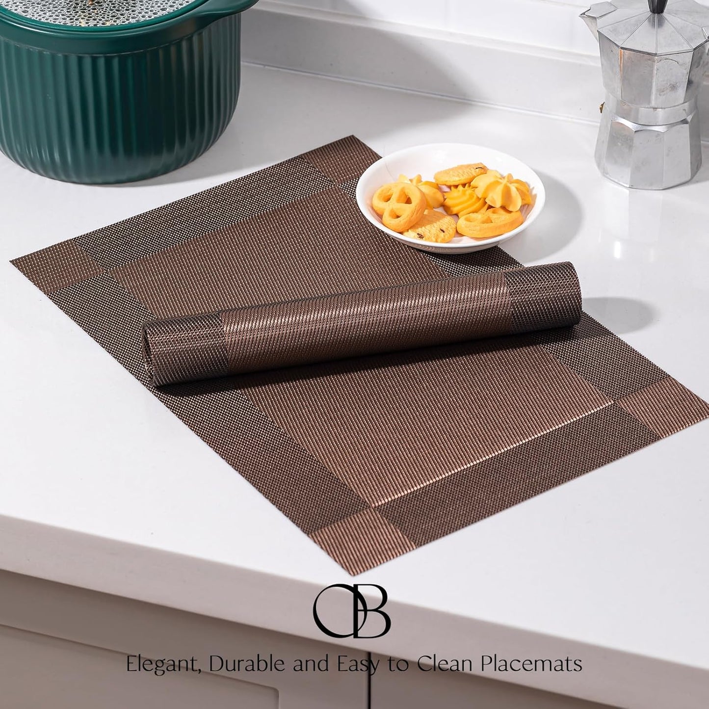 Placemats Set of 12 - Easy Clean Woven Vinyl Placemats for Dining Table, Indoor/Outdoor Place Mats, Washable PVC Table Mats（Brown Cube）