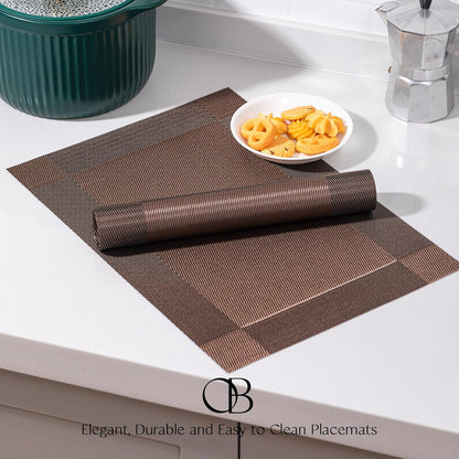 Placemats Set of 12 - Easy Clean Woven Vinyl Placemats for Dining Table, Indoor/Outdoor Place Mats, Washable PVC Table Mats（Brown Cube）