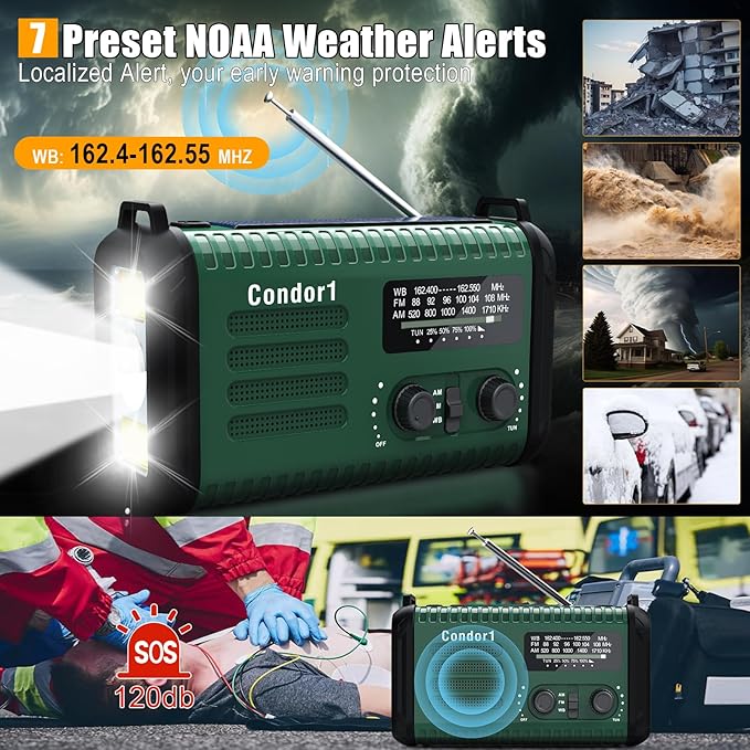 Emergency Weather Radio, 20000mAh NOAA/AM/FM Solar Hand Crank Radio with USB Phone Charge, Battery Powered, SOS Alarm, LED Reading Lamp & Flashlight for Emergencies Survival
