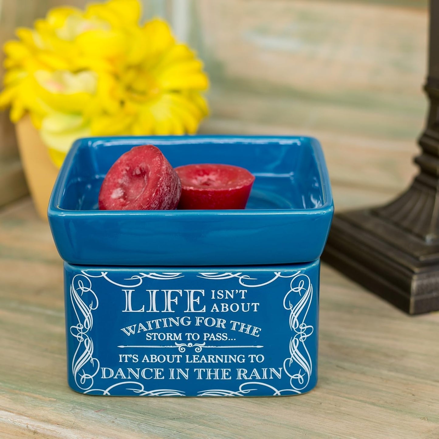 Life Learning Dance in Rain Blue Stoneware Electric 2-in-1 Jar Candle and Wax Tart Oil Warmer