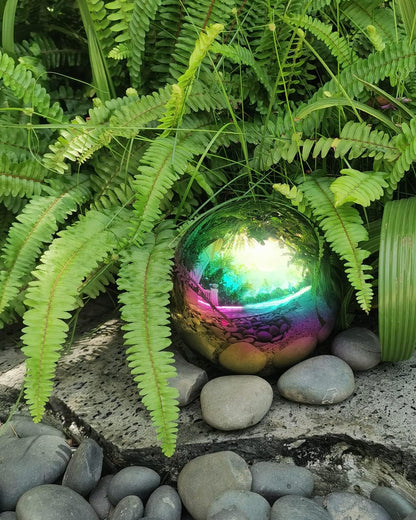 Rainbow Gazing Globe Mirror Ball in Stainless Steel, Shiny Hollow Sphere Sparkling Housewarming Outdoor Ornament (6 Inch)