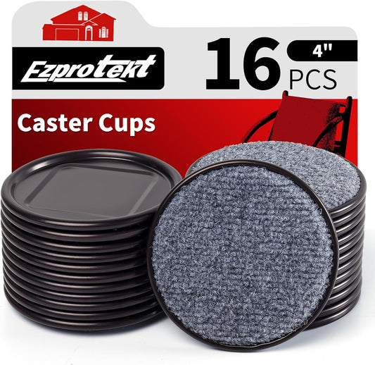 Ezprotekt 4" Round Reusable Felt Furniture Caster Cups with Carpet Bottom, 16 Pcs Felt Furniture Sliders Floor Protectors Pads to Protect Hardwood, Tile or Laminate Floors from Scratches (Brown/Gray)