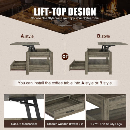 Rolanstar Coffee Table, 47.2" Lift Top Coffee Table with Drawers and Hidden Compartment, Retro Central Table with Wooden Lift Tabletop, for Living Room, Washed Oak