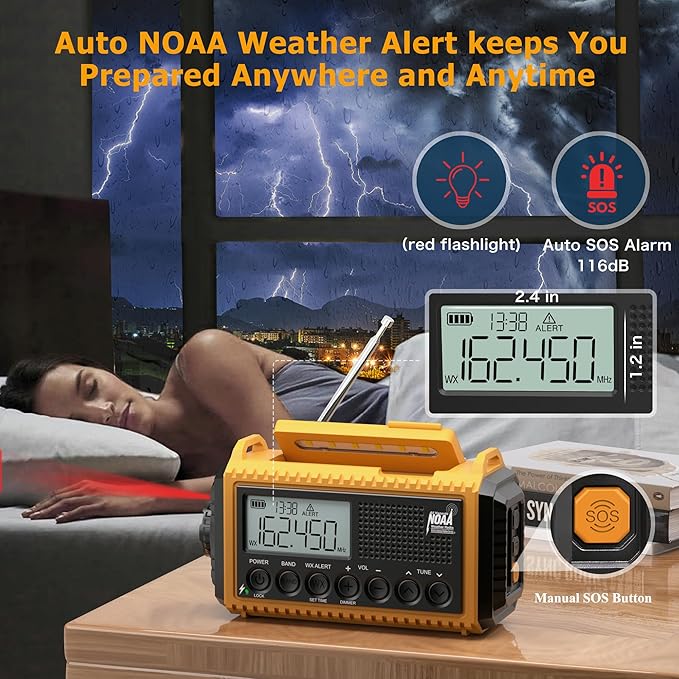 NOAA Emergency Weather Radio - 5000mAh Solar/Hand Crank/Battery AM/FM/SW with USB Charger, LED Flashlight & SOS Alert, Clock, Portable Survival Radio for Power Outage, Hurricanes, Camping