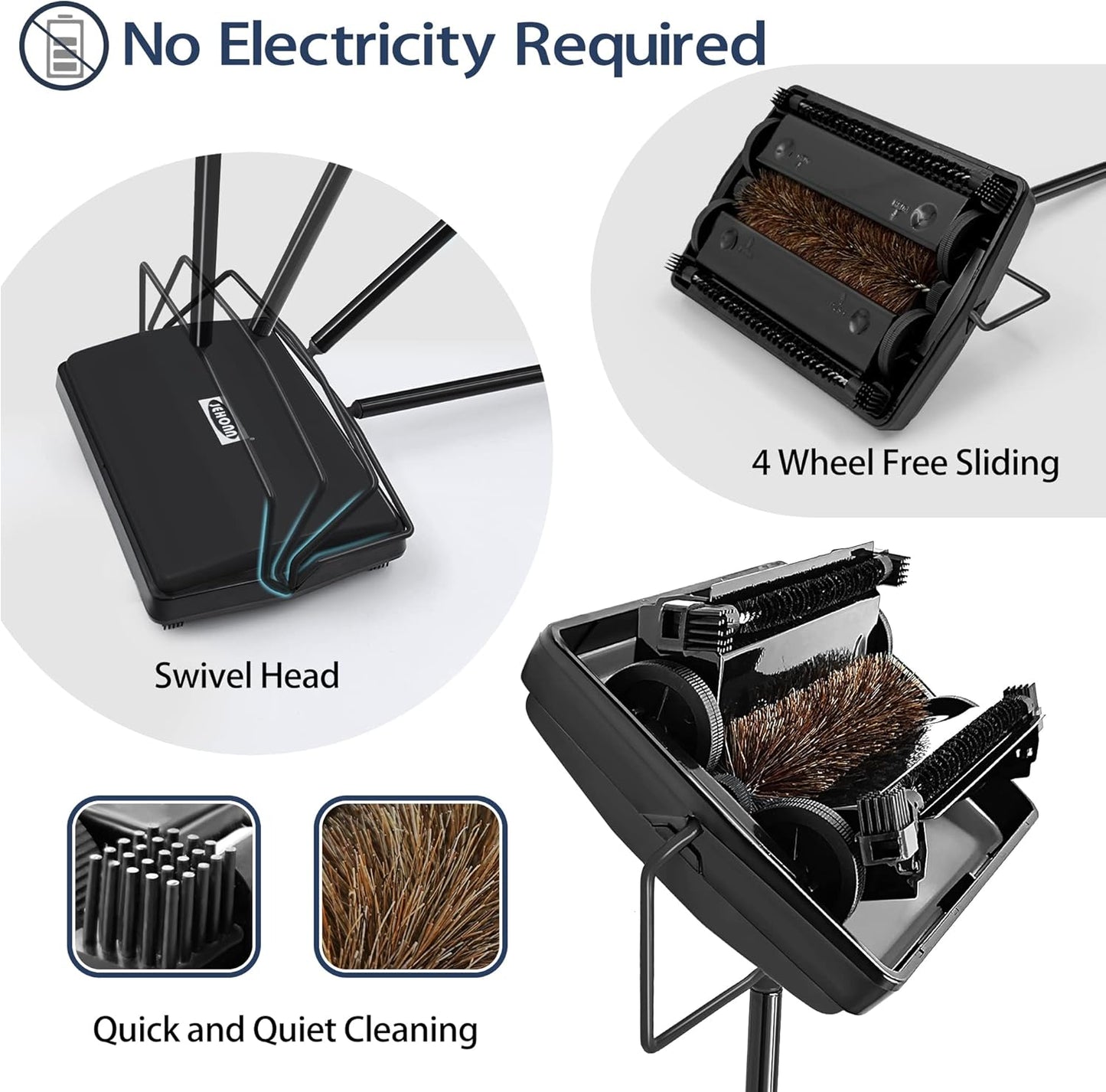 JEHONN Carpet Floor Sweeper Manual with Horsehair, Non Electric Quite Rug Roller Brush Push for Cleaning Pet Hair, Loose Debris, Lint (Black)