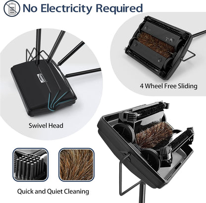 JEHONN Carpet Floor Sweeper Manual with Horsehair, Non Electric Quite Rug Roller Brush Push for Cleaning Pet Hair, Loose Debris, Lint (Black)