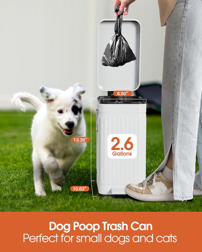 Small Trash Can with Lid Soft Close-10L/2.6 Gal Stainless Steel Outdoor Dog Poop Garbage Can-Metal Waste Bins with Pedal for Bathroom Bedroom Office-White