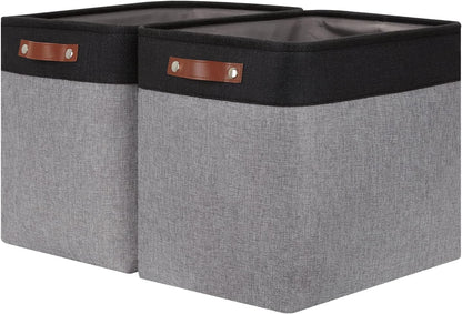 HNZIGE Fabric Storage Baskets Large Cloth Baskets Set of 2, Rectangular Shelf Baskets with Handles for storage, Foldable Tall Baskets for Organizing Linen Closet Organizers(Gray Black)