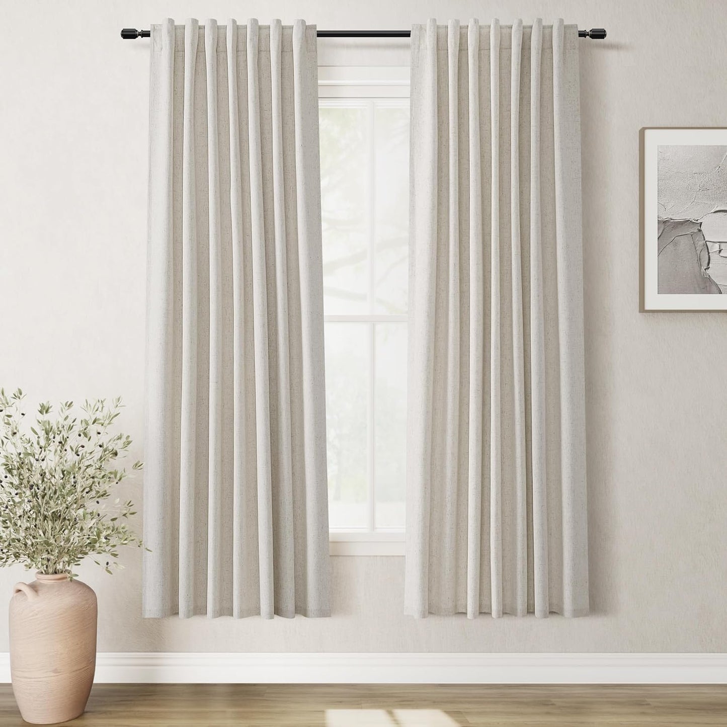 BOODII Linen Blackout Curtains for Bedroom 72 Inch Length 2 Panels Set Room Darkening Curtains Natural Beige Black Out Curtain Neutral Thermal Insulated Living Room Nursery Drapes Back Tab 52x72
