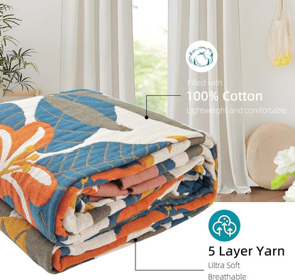 Boho Throw Blanket for Bed - 100% Pure Cotton Ultra Soft Rustic Quilt - Farmhouse Decor Bed Blankets, All Season Rustic Throw for Sofa Couch Chair(80''x 90'', Floral Sea)