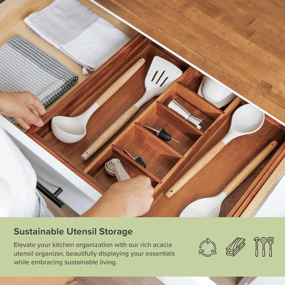 Adjustable Kitchen Drawer Organizer for Utensils and Junk, Food-Safe Contract Grade with 100% Sustainable Wood, Non-Slip, Expandable from 18.5 to 33 Inches Wide - Natural Acacia