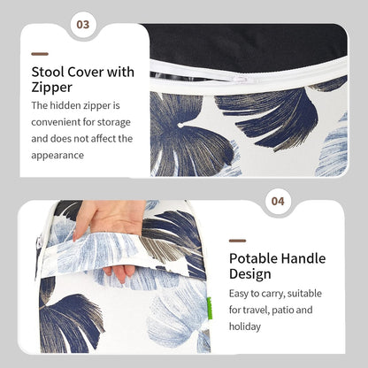 Inflatable Ottoman Stool D21 xH9 for Outdoor/Indoor Use, Water Repellent Patio Foot Rest Stool with Portable Handle,Round Pouf Ottoman Suitable for Garden,Deck and Camping - Monstera Blue