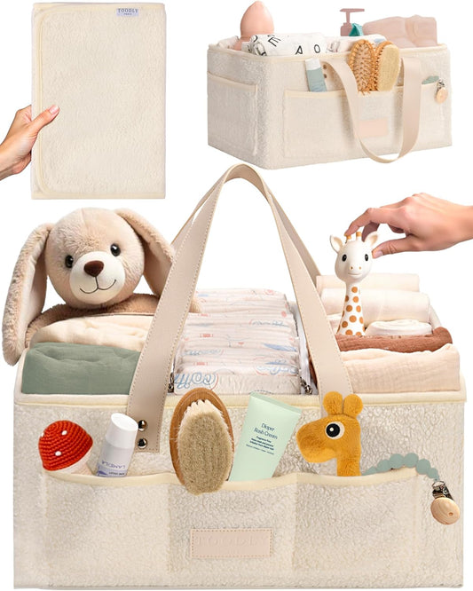 Baby Diaper Caddy Organizer with Portable Changing Mat - Teddy Fleece Diaper Organizer for Changing Table - Basket for Changing Essentials - Baby Essentials Organizer with Removable Dividers