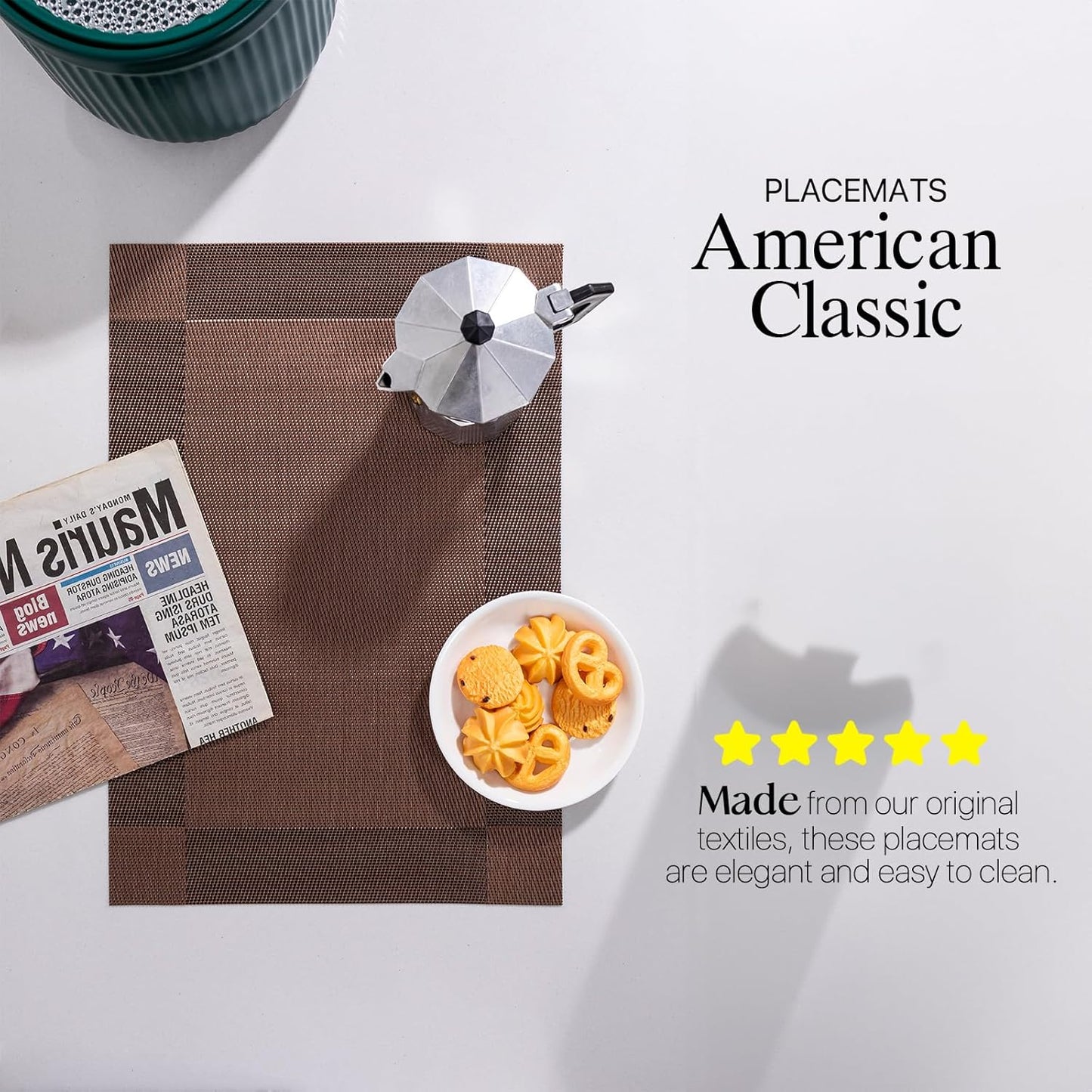 LEXMORE Placemats Set of 8 Vinyl/Plastic Woven Place Mats for Kitchen Table Indoor/Outdoor Washable Placemat Wipeable Dining Table Mats(G-Brown Cube)