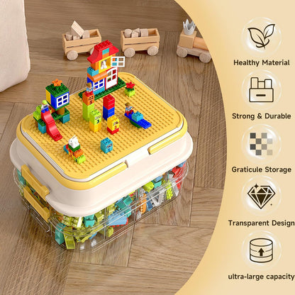 Toy Storage Organizer Box with Handle, Stackable Building Block Toy Box with Building Plate Lid & Removable Sorting Trays, Cubby Bins and Containers 3 Layer (Lemon)