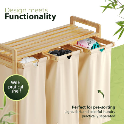 Laundry Hamper 3 Section beige - Large Bamboo Laundry Sorter with Removable Cotton Bags -Three Compartment Organizer for Clothes - Durable, Eco-Friendly, and Stylish Storage Solution for Home