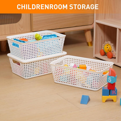 Plastic Storage Baskets With Lid, Storage Bins for Organizing, Stackable Decorative Containers for Shelves Drawers Desktop Closet Playroom Classroom Office, 10 Pack-White