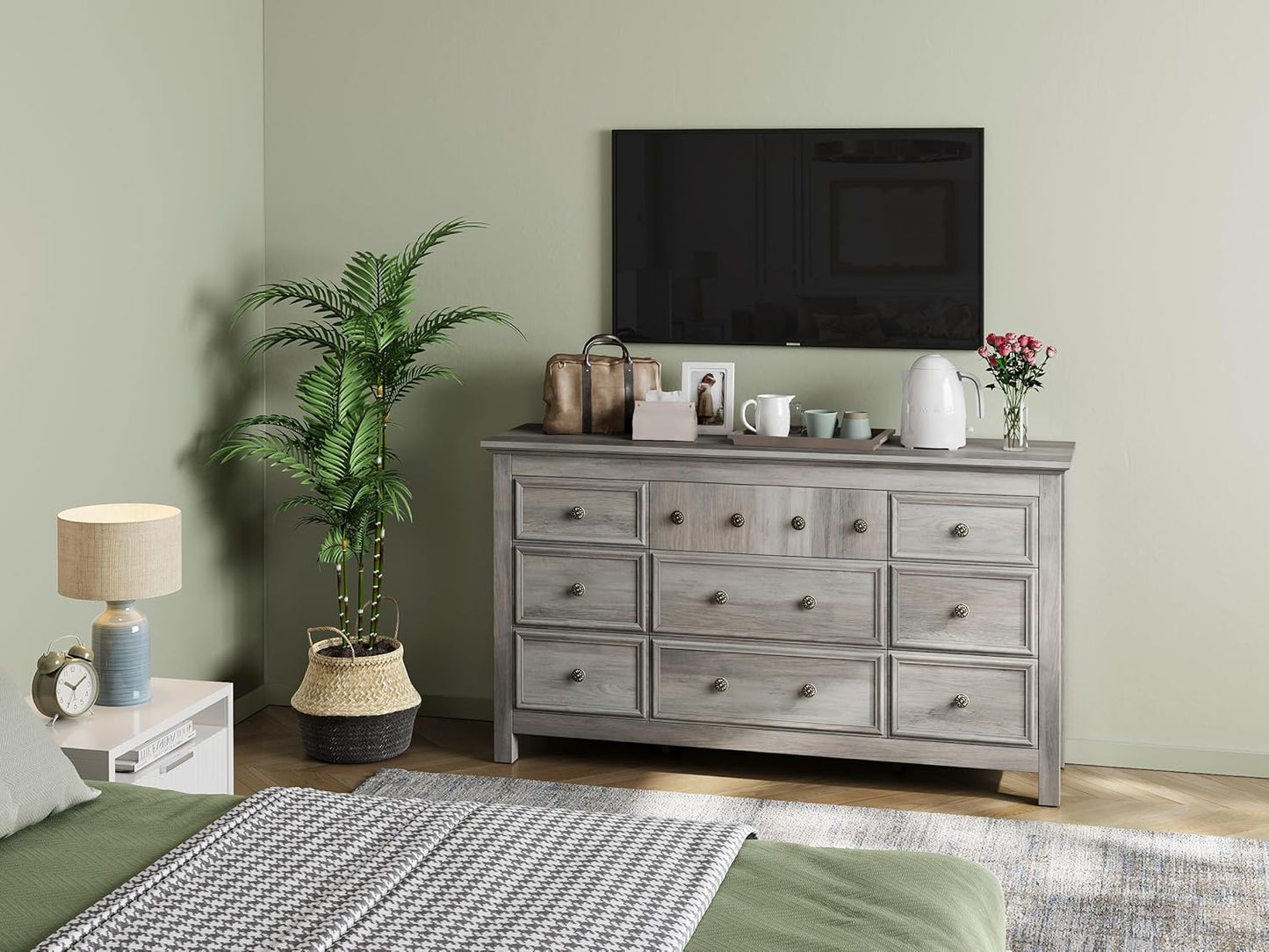 LGHM Large 9 Drawers Dresser, Long Dressers for Bedroom, Chests of Drawers TV Stands, Sturdy and Stable Storage Organizer - Thick Support Legs Design, 6" Deep Drawer for Living Room, Hallway, Gray