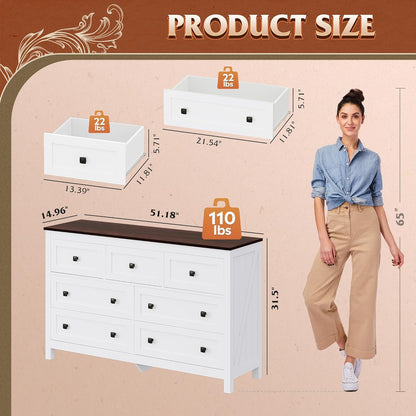 WLIVE Farmhouse Dresser for Bedroom, 51.18'' Wide 7 Drawer Wood Dresser, White TV Stand for 65 inch TV, Wooden Chest of Drawers for Bedroom, Modern Clothes Organizer for Living Room, Hallway