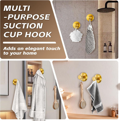 Reusable Heavy Duty Suction Cup Hooks for Kitchen/Bathroom/Shower - Wet-Proof Hooks for Towels, Robes, Loofah&Wreaths/No Drill Mounting on Glass, Tile, Metal (2, Brushed Gold)