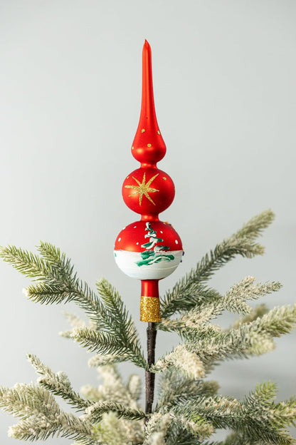 Christmas Tree Topper Spitz Glass Mouth Blown Hand-Decorated Embellishments (Red Matt, 12 inch)
