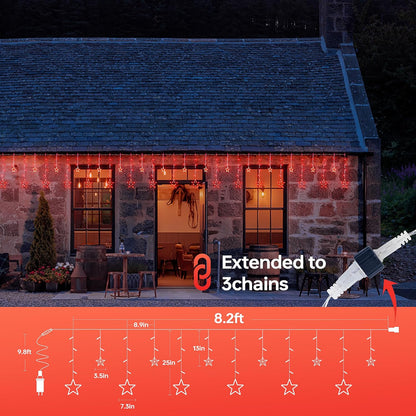 Red Christmas Star Icicle Lights,8.2FT 126LED Curtain String 8 Modes Memory Timer,Connectable Plug in Waterproof for Halloween/Valentine's Day/Patio/Wedding/Party/Xmas Indoor Outdoor Decor,Red