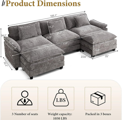 URRED Modular Sectional Sofa Comfy Cloud Couch, Modern Chenille Sofa Sleeper Deep Seat Couches with Ottoman/Pillows for Living Room (Gray, 117'' - U Shape)
