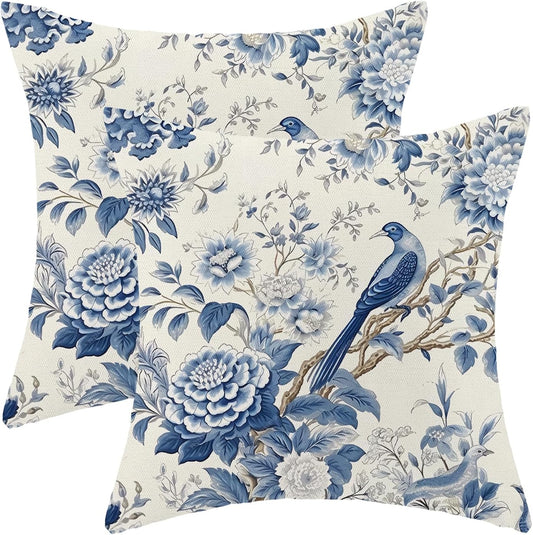 CXMEIFLY Spring Floral Pillow Covers 16 x 16 Inch Set of 2 for Chinoiserie Flowers Bird Decor Throw Pillows Vintage Blue and White Plant Outdoor Decorative Cushion Cases for Couch Bed Decorations