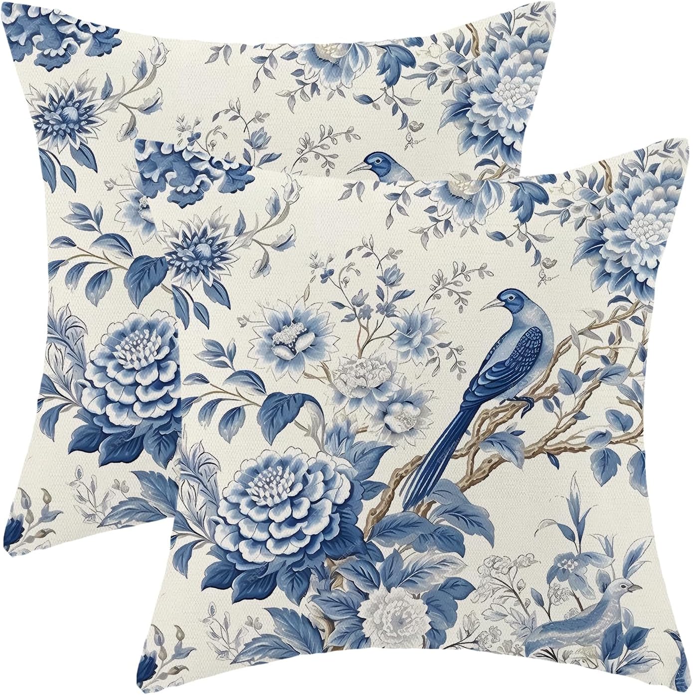 CXMEIFLY Spring Floral Pillow Covers 18 x 18 Inch Set of 2 for Chinoiserie Flowers Bird Decor Throw Pillows Vintage Blue and White Plant Outdoor Decorative Cushion Cases for Couch Bed Decorations