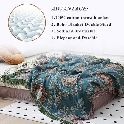 Snycler Boho Throw Blanket for Bed - 100% Cotton Ultra Soft Rustic Quilt - Blue Green Floral Printed Farmhouse Decor Bed Blankets, 80"×90" All Season Rustic Throw for Sofa Couch Chair