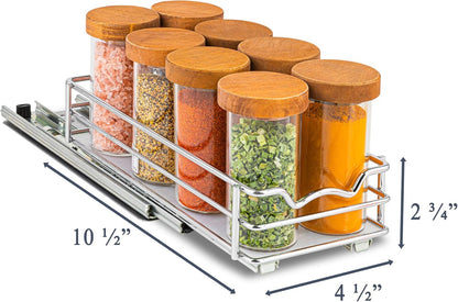 Pull Out Cabinet Organizer for Spices, Cans - Heavy Duty with Lifetime Limited Warranty- Pull Out Spice Rack- Cabinet Pull Out Shelf for Cans,Dishes, Etc, 4-1/2"W x 10-1/2"D x 2-3/4”H, Chrome