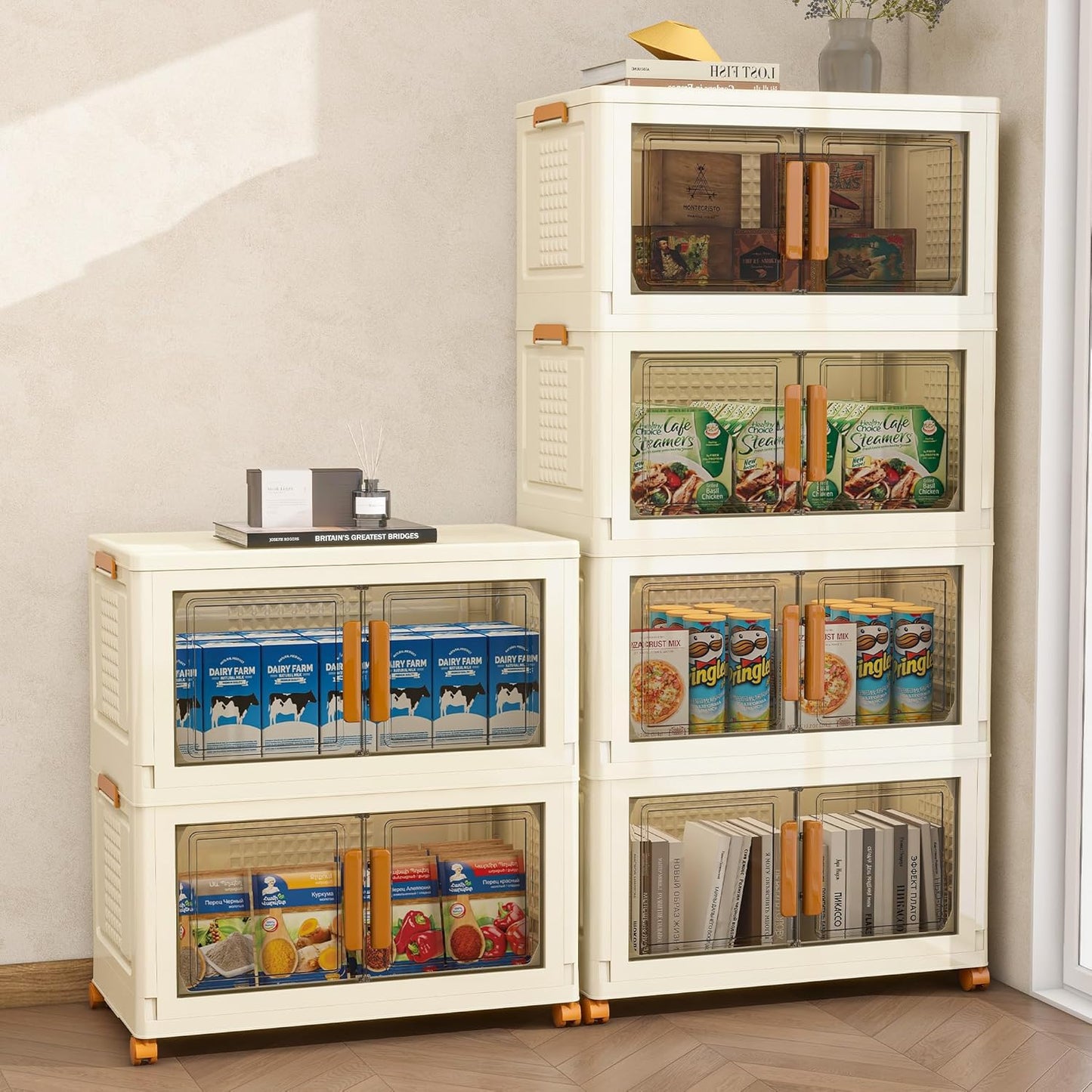 Plastic Stackable Storage Bins with Lids and Wheels, Foldable Closet Organizers and Storage Containers for Bathroom, Collapsible Clear Drawer Storage Cabinet with Doors White 11.4Gal 4Tiers