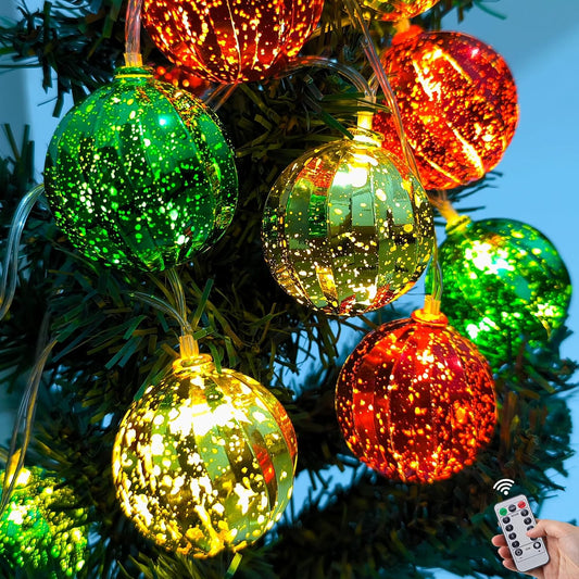 Christmas Tree Ball Ornament Lights 7FT Battery Operated Christmas Lights Indoor 10 LED Colored Ball Light with 8 Modes & Timer, Xmas Globe String Light for Bedroom Party Fireplace Porch Decor