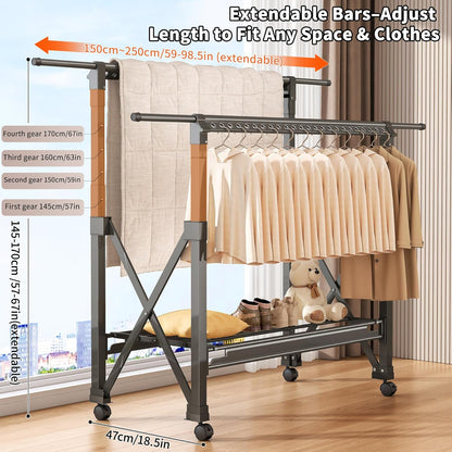 Heavy Duty Rolling Clothing Rack with Wheels, Portable Double Rod Metal Garment Rack, Clothes Drying Hanging Organizer for Laundry, Storage, Freestanding Adjustable Coat Hanger (Extendable, Grey)