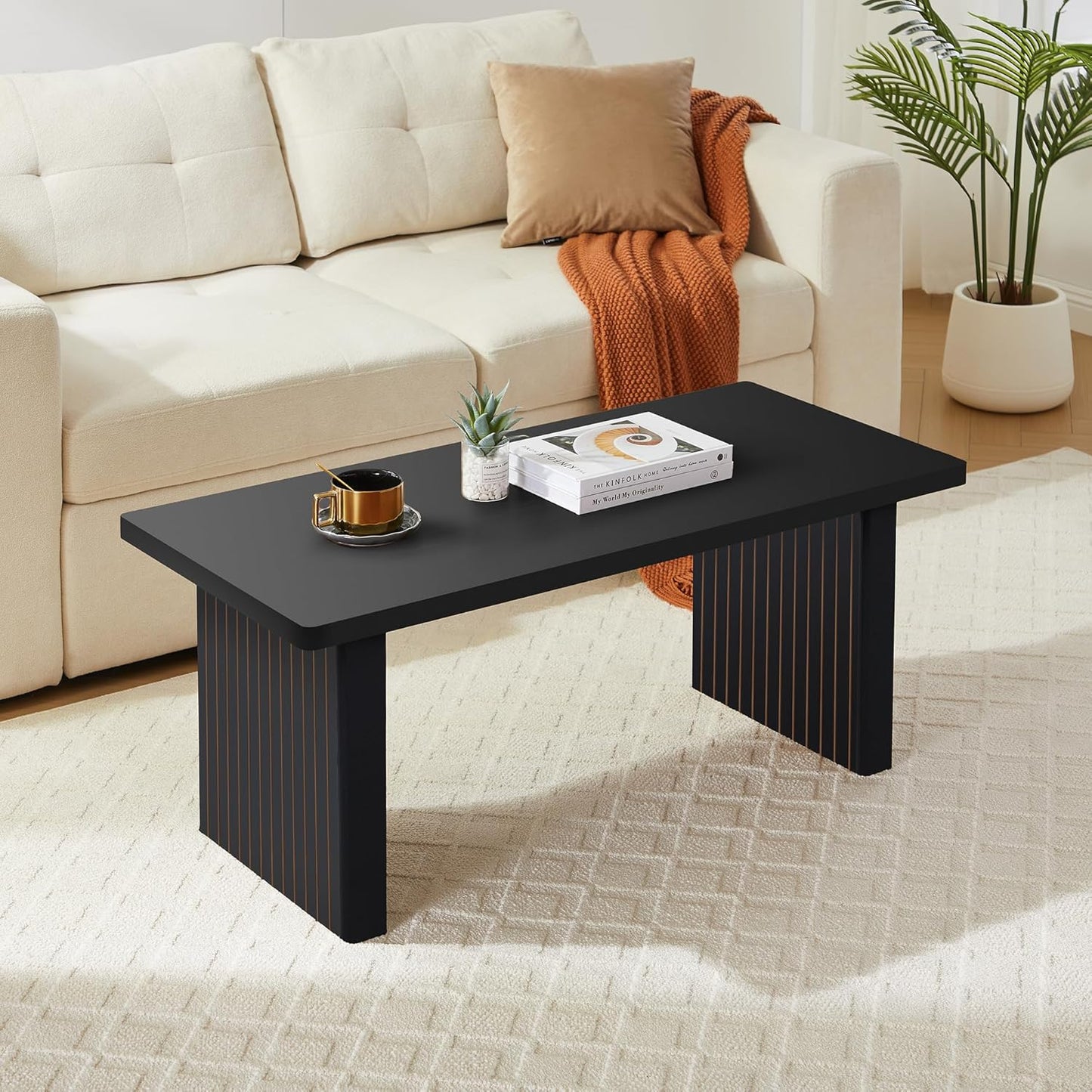 Rectangular Fluted Coffee Table, Farmhouse Wood Coffee Table Mid Century Modern Center Table Boho Living Room Tables for Living Room Office (Black, 19.69" D x 43.3" W x 17.72" H)