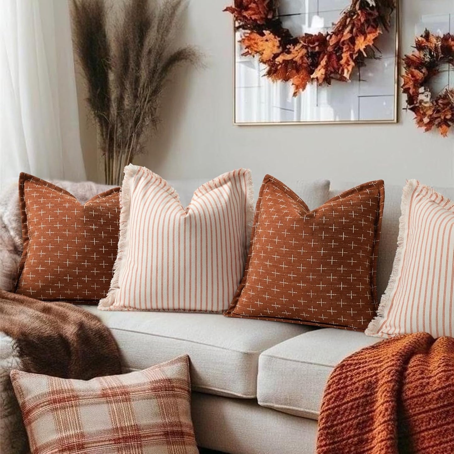 ZWJD Fall Throw Pillow Covers 26x26 Set of 2 Soft Polyester Textured Rust Pillow Covers with Stylish Flange Edge Cozy Farmhouse Throw Pillows for Couch Bed Sofa Living Room Fall Decor