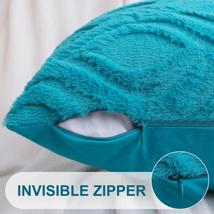 decorUhome Fall Throw Pillow Covers 26x26 Inch Set of 2, Soft Plush Decorative Faux Fur Teal Solid Couch Pillow Covers, Accent Farmhouse Neutral Square Euro Pillow Cases for Sofa Bed Living Room