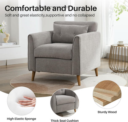 Mid Century Modern Accent Chairs, Chenille Grey Upholstered Armchair,Living Room Chairs with Wooden Legs, Side Single Sofa Chair for Bedroom, Office Cafe Waiting Room Apartment