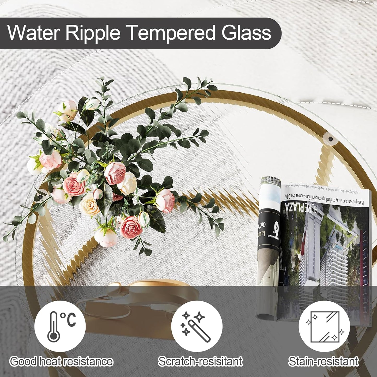 aboxoo Nesting Coffee Table Set of 2, Small Round Glass Nesting Tables for Living Room Bedroom, Accent Tea Table with Gold Metal Frame Modern Industrial Simple