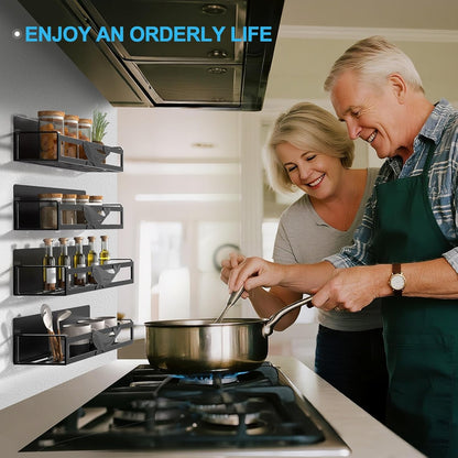 Magnetic Spice Rack for Refrigerator, 4-Pack Metal Seasoning Organizer for Kitchen Storage Organization, Magnetic Shelf for Fridge Space Saving Spice Organizer, Black