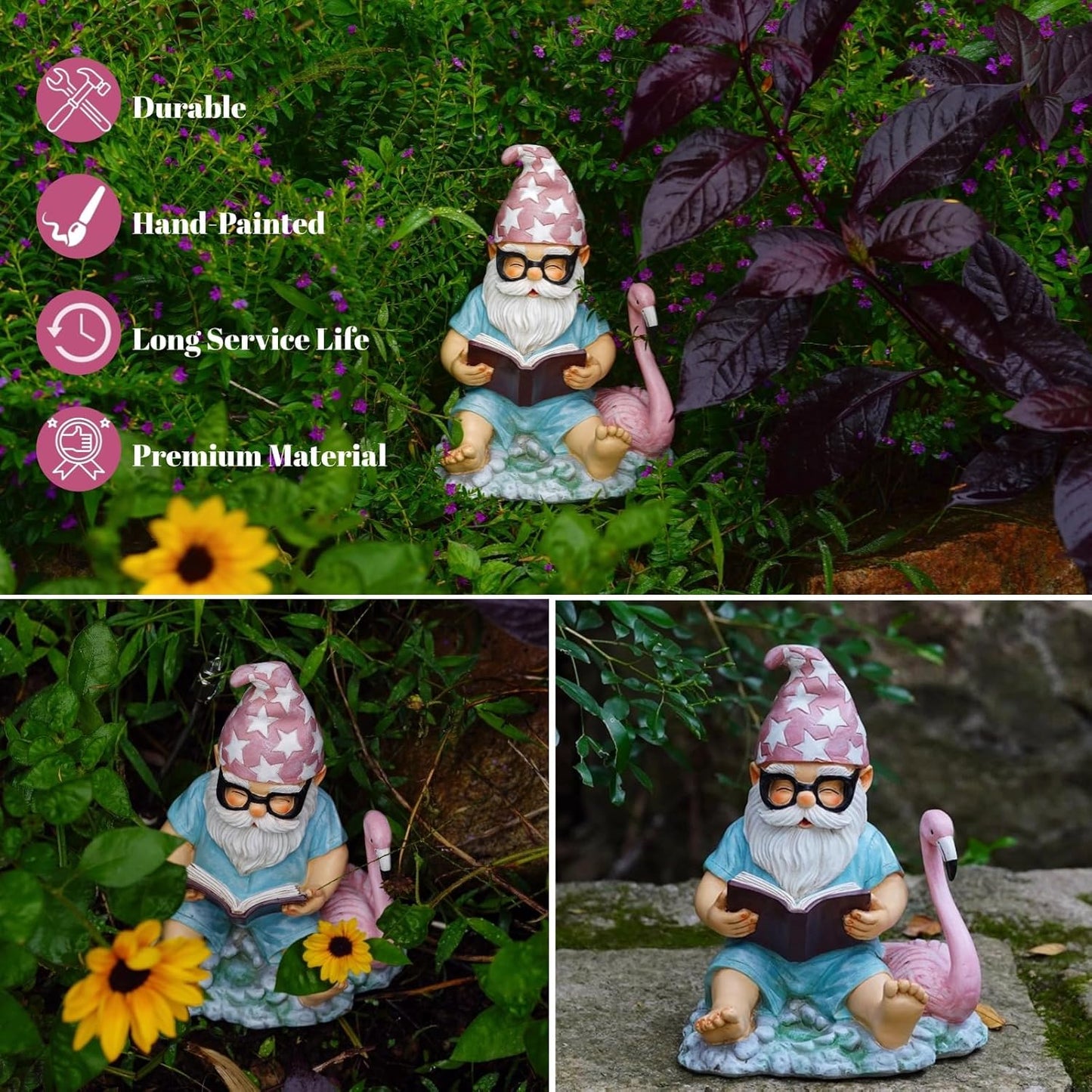 Gnome Statue Garden Decor, Resin Gnome and Flamingo Figurines Outdoor Decorations for Yard Art Porch Lawn Ornaments, Unique Housewarming Gifts