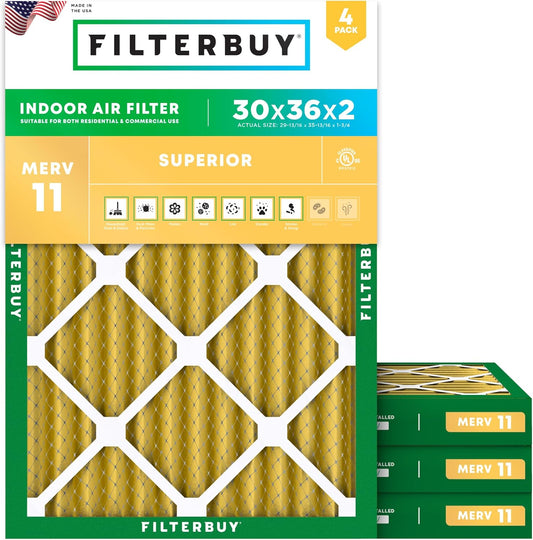 Filterbuy 30x36x2 Air Filter MERV 11 (MPR 1200) Allergen Defense Replacement (4-Pack), Electrostatic Pleated HVAC AC Furnace Filters, Made in USA (Actual Size: 29.81 x 35.81 x 1.75)